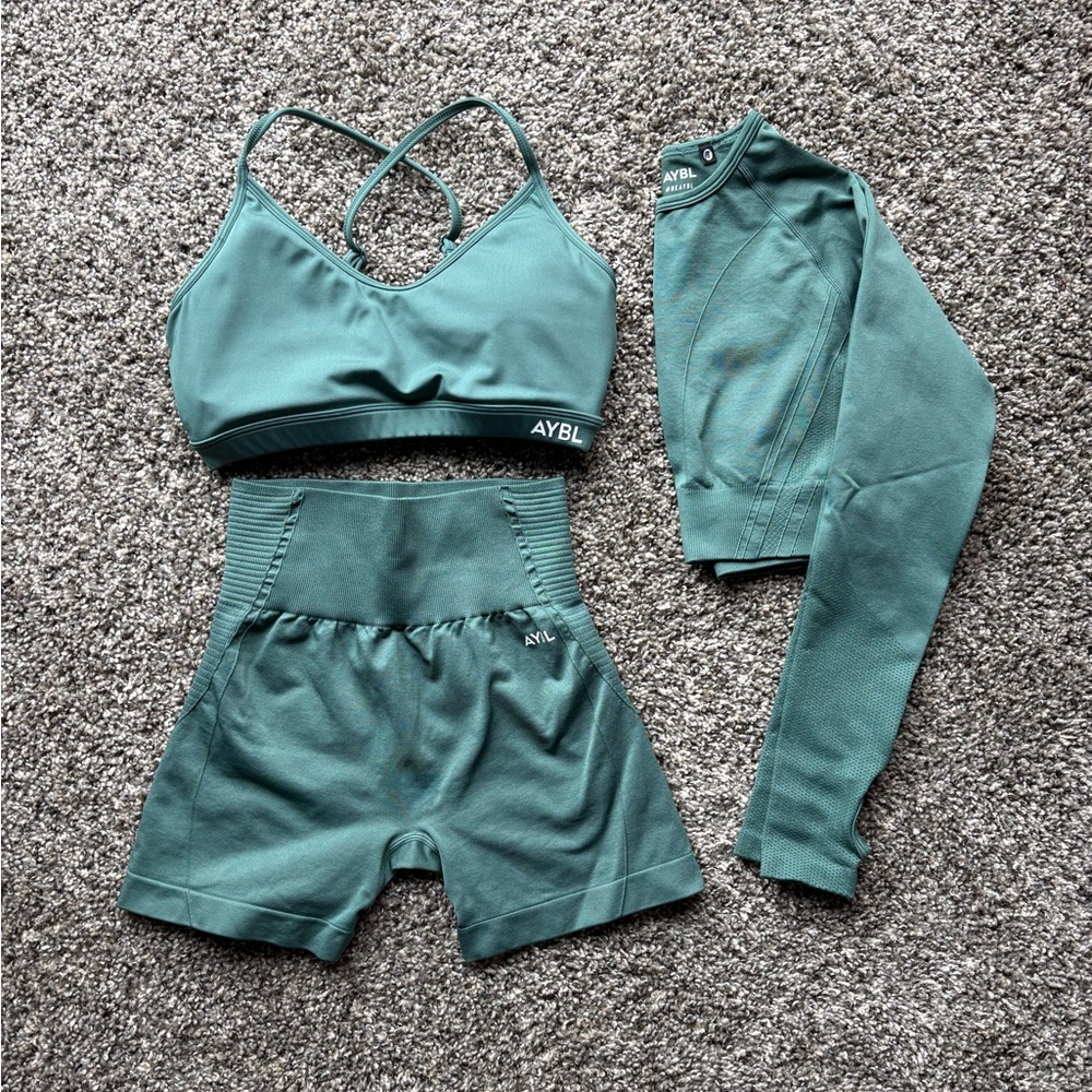 AYBL Women's Teal Workout Set - Sports Bra, Shorts, Long Sleeve Workout Top - Picture 12 of 12